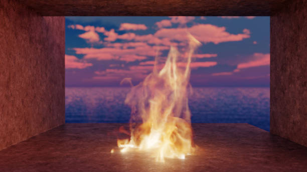 Surreal Fire in Concrete Space Overlooking Ocean at Sunset