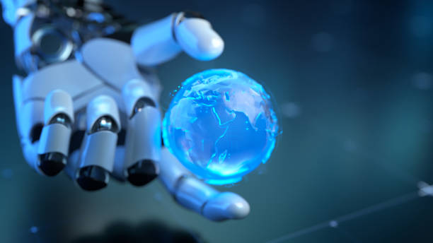 istock Futuristic Robotic Hand Holding a Holographic Blue Globe in Digital Environment 2194233723
