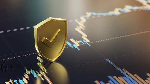 A golden shield with a checkmark overlaying a financial trading data chart, implying security and trust in financial transactions with a focus on accuracy and development.