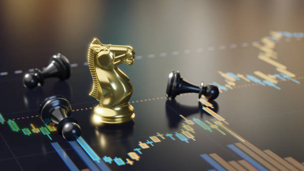 Golden chess knight piece on a digital financial graph displaying concepts of strategy, decision-making, and business planning. Concept of  analytical thinking and competitive advantage in finance and investment.