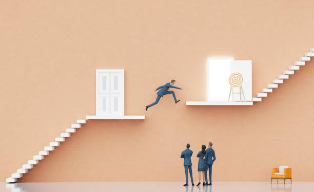 istock Businessman jumping between platforms in order to get the better professional position. 3d render 2194236834