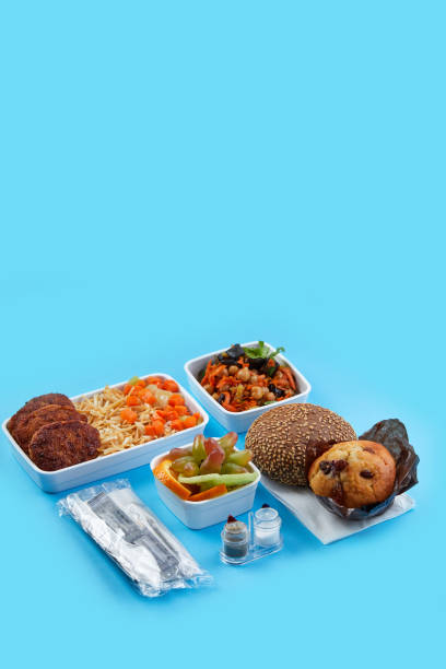istock closeup on a soft blue background there are disposable tableware food for airplanes snack disposable set salt and pepper cutlets bagel bun fruit and muffin with raisins vegetable salad 2194240243