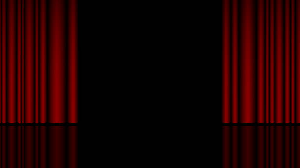 istock Red open curtain on stage. Concert hall with glossy floor and fabric drapery, awarding or graduation ceremony, standup comedy show banner background. Vector illustration 2194240770
