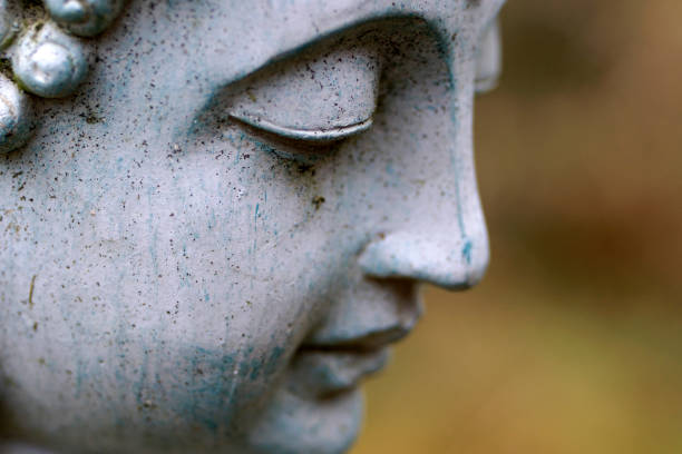 Extreme close-up of the face of a garden buddha