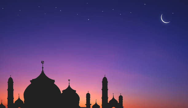 istock Mosques dome and crescent moon with star on Ramadan night sky background, Silhouette minaret on twilight sky backdrop for Islamic new year and Eid al-Adha, Eid al-fitr, Mubarak festival, illustration 2194242853
