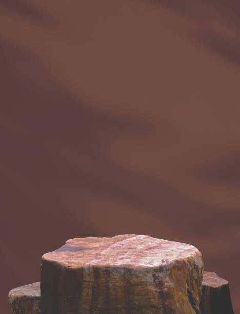 istock Rock stone podium stand with light and shadow on mocha mousse color trend 2025 interior wall vertical background with copy space, Product mockup stage display presentation in vintage style backdrop 2194242854