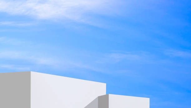 istock Background White podium stand against blue summer sky, Minimal 3d platform step backdrop for cosmetic product display presentation, illustration 2194242856