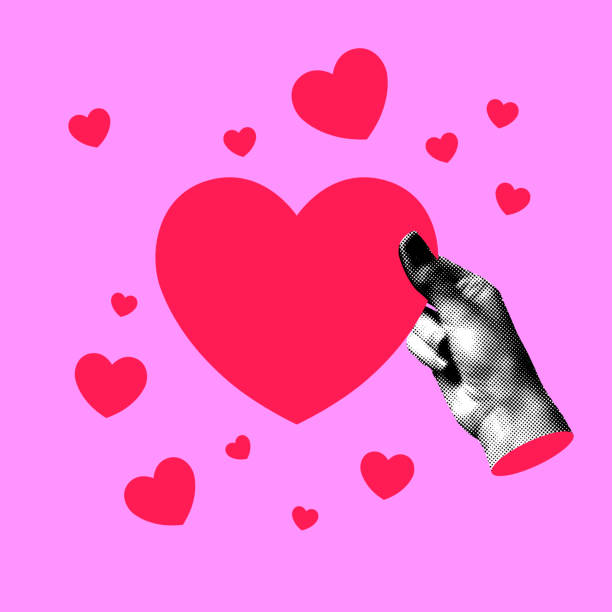 istock Halftone hand holding heart. Modern collage. Valentines day illustration. Concept of social media addiction 2194244779