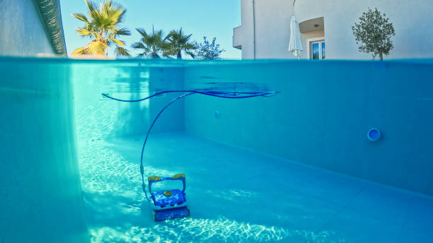 Robotic Pool Cleaner in Half-Submerged Action