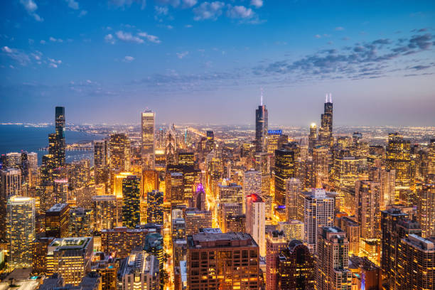 istock Illuminated Chicago Aerial Skyline View at Dusk 2194250172