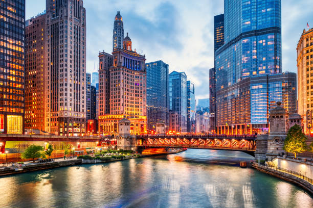 istock Chicago Downtown Cityscape with Chicago River at Dusk 2194250190