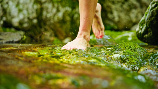 istock Caucasian Female Feet Playfully Splash in Spring Water 2194253172