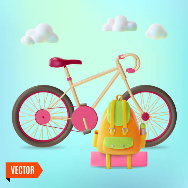 istock 3d Travel and Tourism Concept Bicycle and Backpack Cartoon Design Style. Vector 2194255463