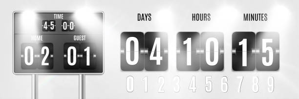 Scoreboard with flip numbers displaying time, score, and countdown in a modern metallic style. Includes numbers from 0 to 9 in flipping format.