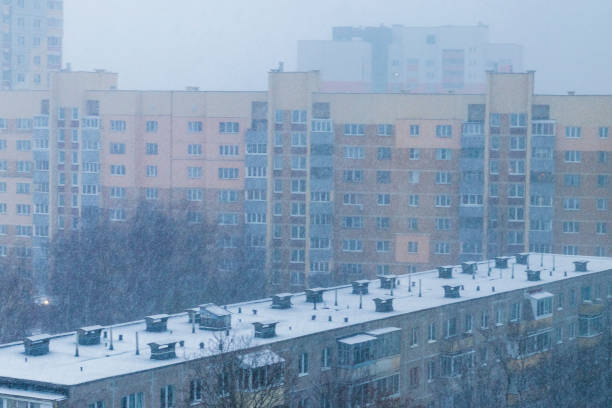 Heavy snowfall in typical eastern european city