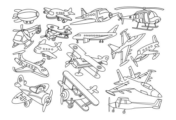 A collection of line art illustrations showcasing different types of airplanes and helicopters, perfect for aviation-themed projects and educational materials.