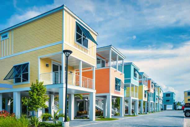 Colorful beach houses in a row in Islamorada, Florida Keys, USA.