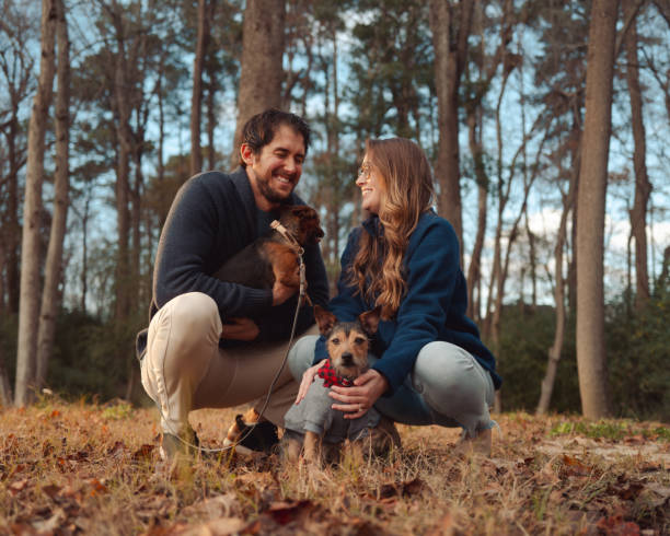 istock Fall Winter Couples Portrait with Puppies - Forest - Kneeling - Candid Laughing 2194279857