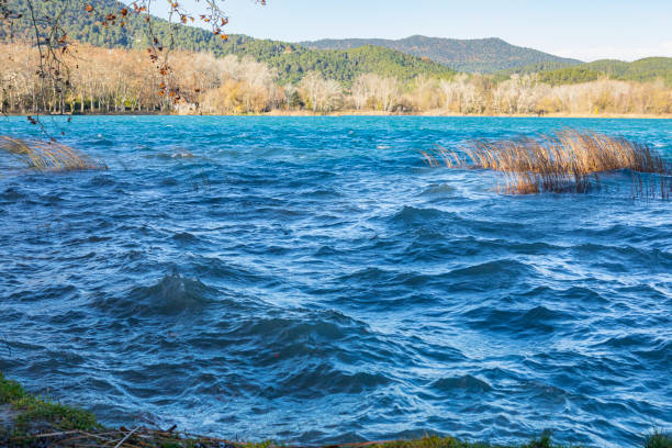 Tramontana wind in Banyoles lake, catalonian most mysterious lake, a windy and cold morning.
