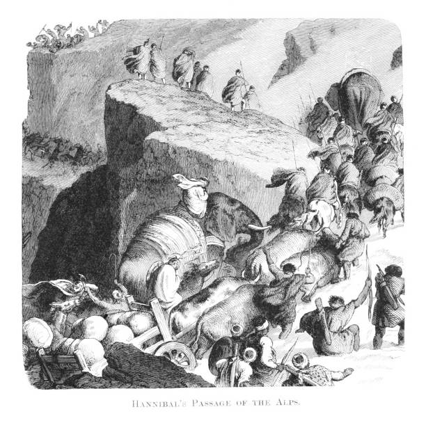 Hannibal, a Carthaginian general, marches troops with elephants through the Alps toward Italy during the Second Punic War (218–201 BCE). Illustration published 1882. This edition is in my private collection. Copyright is in public domain. Digitally restored.