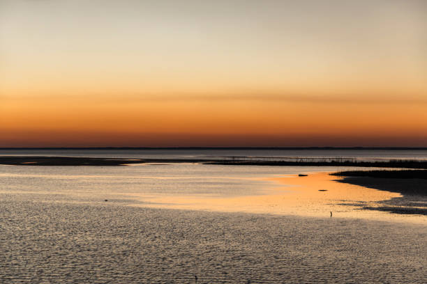 A stunning sunset over Mobile Bay, Alabama, with vibrant orange and golden tones reflecting on the calm waters. The tranquil shoreline and sandbars create a picturesque coastal scene, evoking a sense of peace and serenity. The warm colors of the sky blend seamlessly into the horizon, making this a perfect representation of the Gulf Coast’s natural beauty at dusk.