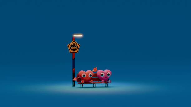 istock Two Cartoon Hearts Waiting at a Bus Stop at Night 2194291325