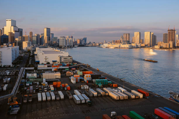 Tokyo harbor and container cargo ships. Industrial area of Tokyo, Japan, shot from above.