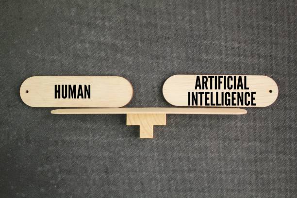the balance between the words human vs. artificial intelligence. The balance between humans and AI. Create art generate content impact.