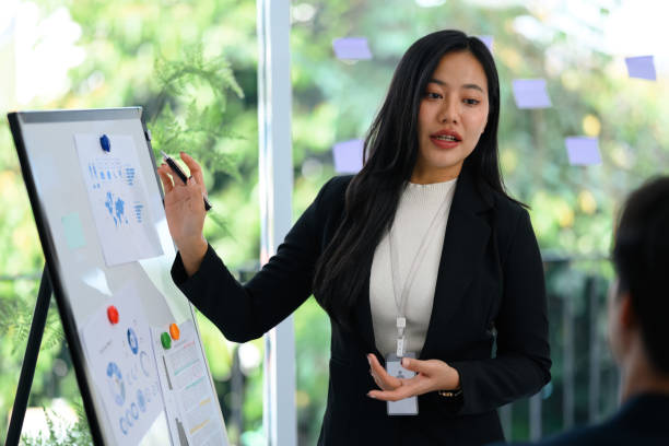istock Confident businesswoman in a black suit presenting data on whiteboard during meeting 2194311914