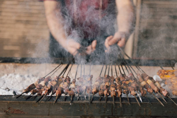 Grilled traditional Turkish liver kebab on a skewer