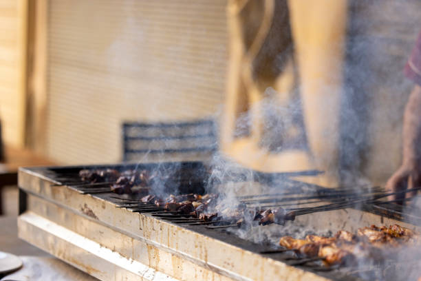 macro photo of chicken barbecue party and satay in the yard