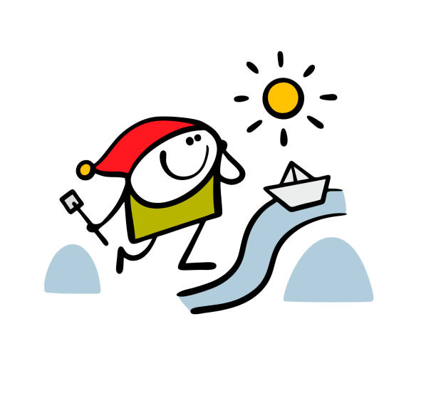 Little boy in a red hat is playing in puddle. Vector illustration of the sun melting snow, paper boat floating in a stream among snowdrifts. Doodle character isolated on white background. Little boy in red hat is playing in puddle. Vector illustration of the sun melting snow, paper boat floating in a stream among snowdrifts. Doodle character isolated on white background. melting girl stock illustrations