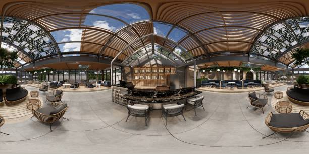 istock 3D rendering animation Interior of modern coffee shop.Restaurant ready for customers with empty tables. 2194322589