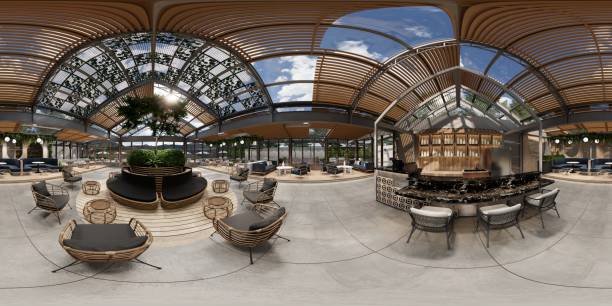 istock 3D rendering animation Interior of modern coffee shop.Restaurant ready for customers with empty tables. 2194322592