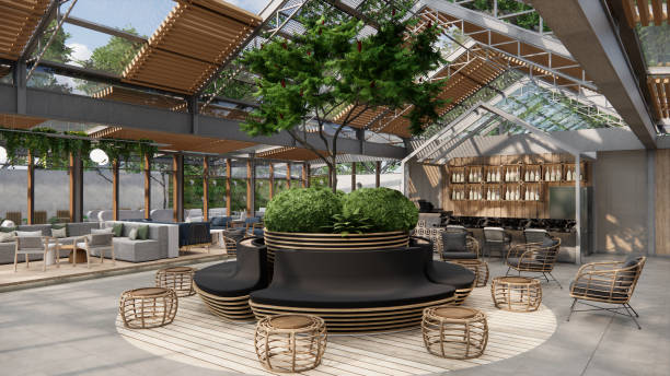 istock 3D rendering animation Interior of modern coffee shop.Restaurant ready for customers with empty tables. 2194323187