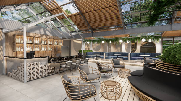istock 3D rendering animation Interior of modern coffee shop.Restaurant ready for customers with empty tables. 2194323237