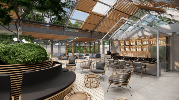 istock 3D rendering animation Interior of modern coffee shop.Restaurant ready for customers with empty tables. 2194323238