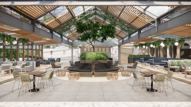 istock 3D rendering animation Interior of modern coffee shop.Restaurant ready for customers with empty tables. 2194323254