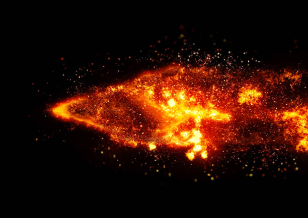 istock 3d illustration of burning flames and flying debris from an explosion on a black background 2194323418