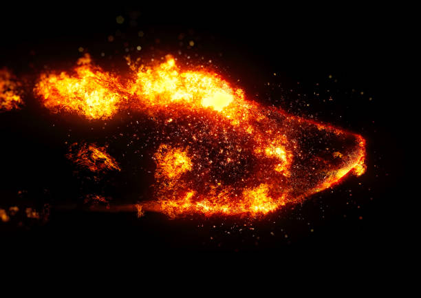 istock 3d illustration of burning flames and flying debris from an explosion on a black background 2194323419