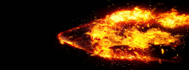 istock 3d illustration of burning flames and flying debris from an explosion on a black background 2194323422