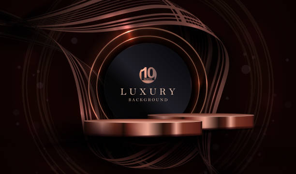 istock Composition with a podium and a round frame in copper and gold colors with wavy ribbons 2194323605
