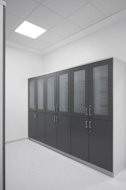 istock Modern Gray Storage Cabinets with Glass Doors 2194332241