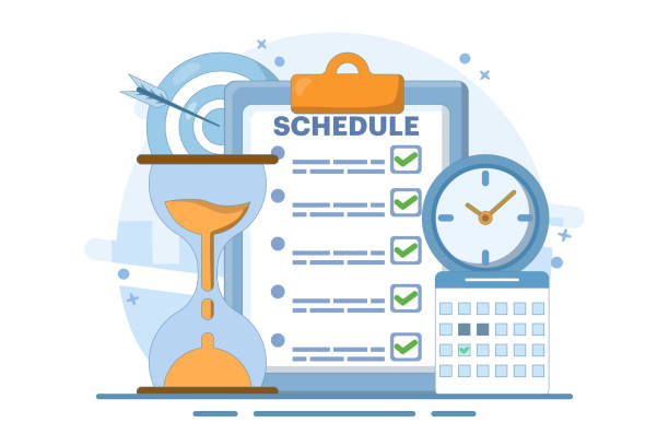 istock Meeting agenda, goal concept to be completed. Time management, planning project, calendar and pen box, completing work tasks, organizing schedule. Flat vector illustration on background. 2194334024