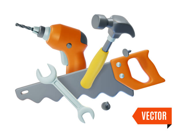istock 3d Fix and Repair Concept Floating Drill, Hammer, Hand Saw and Wrench Cartoon Design Style. Vector 2194337686