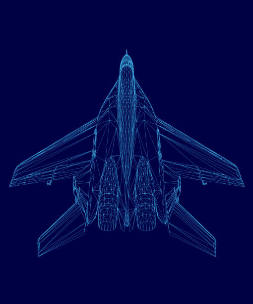istock Blue jet is shown in a blue background. The jet is in a stylized form, with its wings and tail extended. Concept of motion and power 2194342188