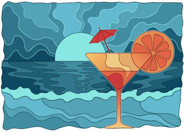 istock retro illustration of ocean waves, beach and cocktail 2194342596