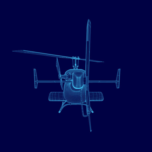 istock Blue helicopter is shown in a blue background. The image is a stylized rendering of a helicopter, with the wings and tail visible. The blue color of the helicopter 2194343863