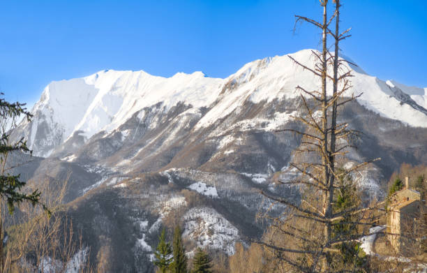 The landscape summit in Marche and Umbria region, municipal of Montemonaco, Amandola and Norcia. Sibillini panoramic winter landmark, alpinistic with snow.