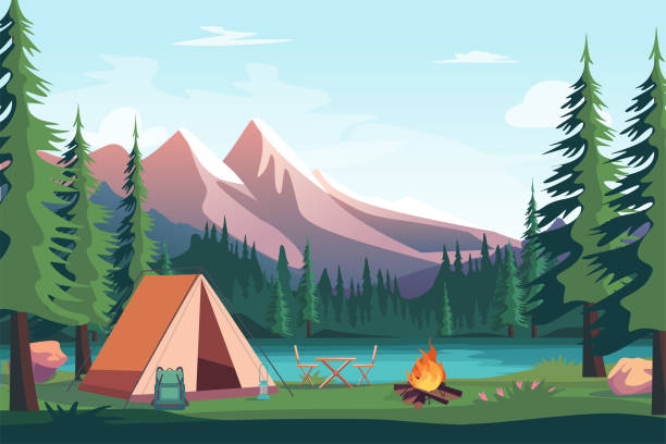Cartoon Color Summer Camp Concept. Vector Cartoon Color Summer Camp Concept Tent, Mountain and Lake Landscape Scene Flat Design Style. Vector illustration background of a camping stock illustrations